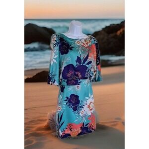 Bisou Bisou Blouson Dress 16 Floral Print Cut Out Back Split Sleeves Tie Waist